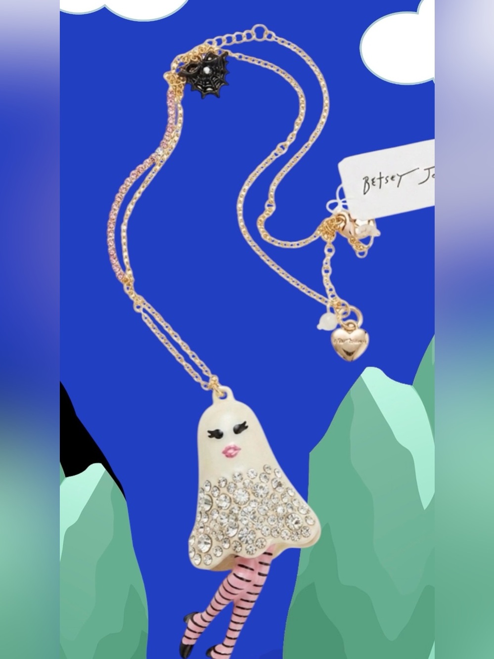Betsey Johnson Silver & Pink Ghost Charm Necklace